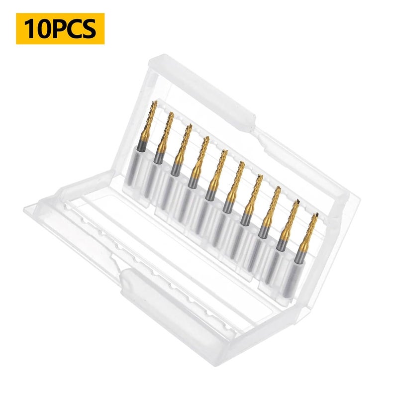 WEXWE Tools 10Pcs 2.0mm TiN Coating Solid Carbide End Mill Engraving Milling Cutter CNC Router Bits for PCB Machine, 1/8" Shank 1BOX - Image 2